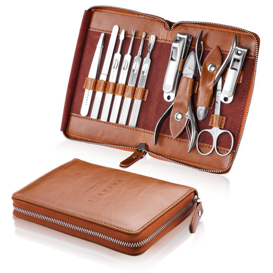 Makartt Manicure Kit: Professional Nail Care Clippers Set - 11 pcs Stainless Steel Tavel Women Men Fingernail Grooming Tool with Portable Brown Leather Case