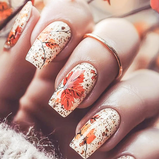 EYZOTSF Thanksgiving Press on Short Square Nails Acrylic Fall False Nails with Maple Leaf Designs Artificial Autumn Leaves Square Fake Nails Holiday Glue Stick ons Fingernails for Women(YS692)