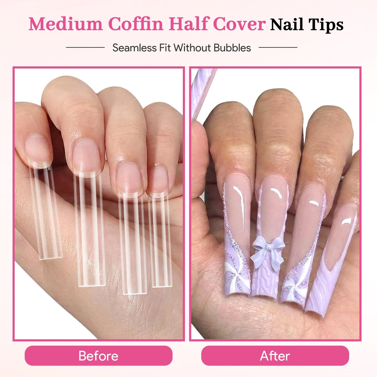 Qiek 480pcs Extra Long Square Half Cover Nail Tips, No-File Pre-Buffed Extension Nail Tip, 12 Sizes Clear Acrylic Press On Tips, Thin Back No C Curve for DIY Nail Extensions & Home Salon Beginners