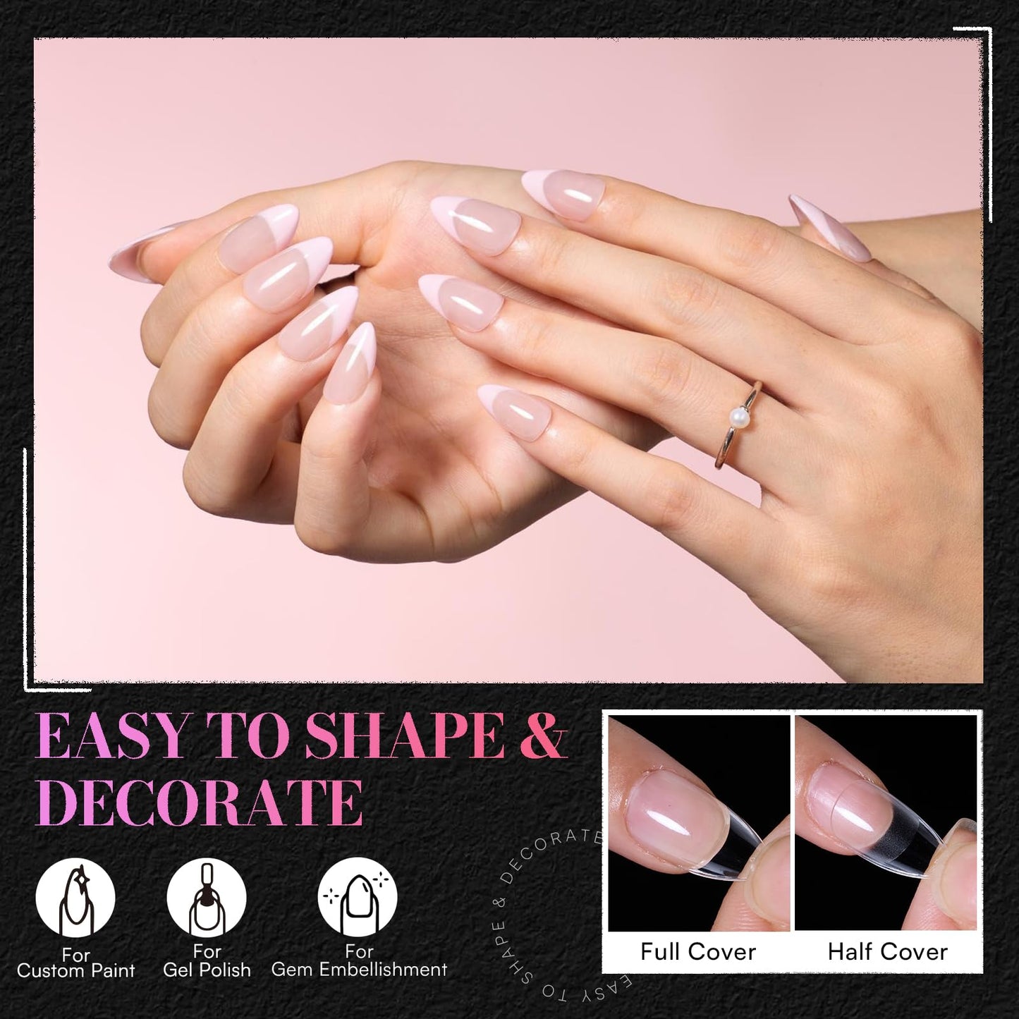 Makartt Short Almond Nail Tips: 240PCS, 15 Sizes, Pre Etched Fake Nails, Clear Gelly Half Matte Full Cover Soft Acrylic Press On Nail Extensions Salon and Home DIY for Flat & Natural Nail Beds