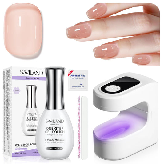 SAVILAND One-Step Gel Nail Polish Kit: Sheer Jelly Nude 5-In-1 Gel Polish Base Top Coat Builder Reinforcement In One Bottle with U V Light Quick Easy Manicure Home DIY Gift Travel Kit 15 ML
