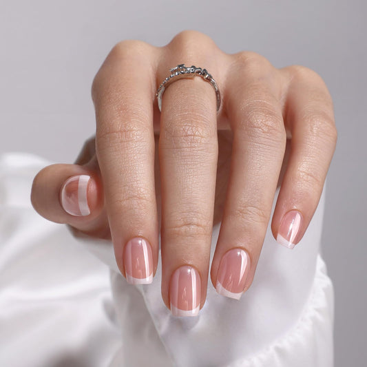 White French Tip Press on Nails Square - SHANGMENG Chrome Press on Nails Short for Women, Semi-Transparent Soft Gel Glue On Nails in 16 Sizes - 32 Fake Nails Kit with Glue, White Noise