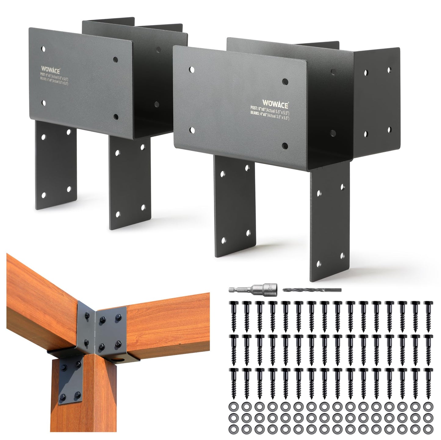 WOWACE 4 Pack 4x6 (Actual 3.5"x5.5") Heavy Duty Stainless Steel Pergola Brackets - Corner Post to Beam Connector for Gazebos, Patio Decks, Porches - Wood Post Cap Tie Bracket (Dark Gray)