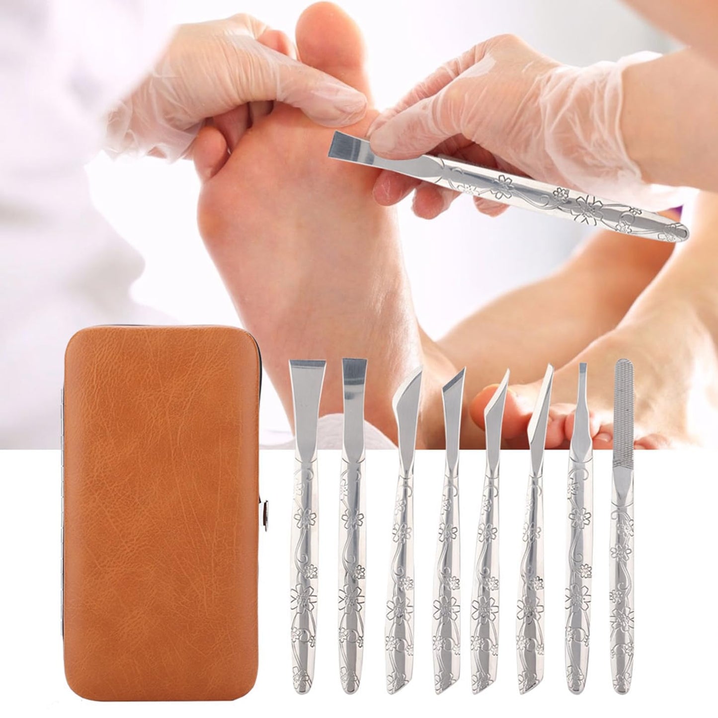 WQAPVHBG 8Pcs Ingrown Toenail Removal Kit, Stainless Steel Pedicure Kit, Pedicure Knife Dead Skin Removal, Ingrown Toenail Treatment Tool Set with A PU Leather Box