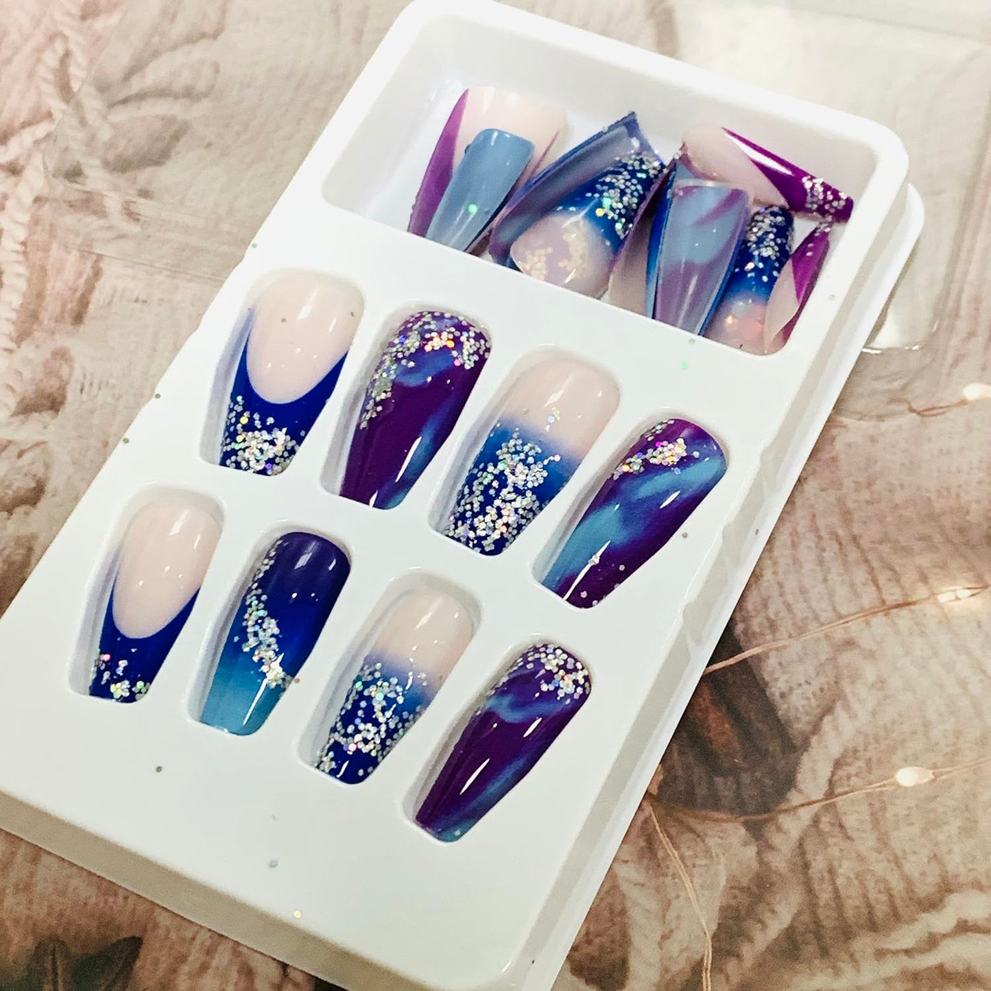 Vezocim Press on Nails Square Purple Gradient Glossy Full Cover Medium Acrylic Square False Nails with Rhinestone Designs Artificial Coffin Fake Nails Glue on Fingernails with Charm for Women