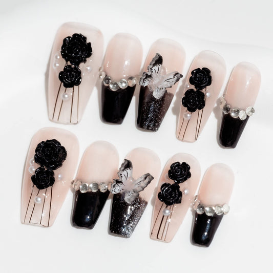 Sun&Beam Nails Handmade Long Coffin Ballerina Nude False Nail Tips with Cute 3D Black Flower Butterfly Diamond Popular Charm Design Press On Nails 10 Pcs (#69 M)