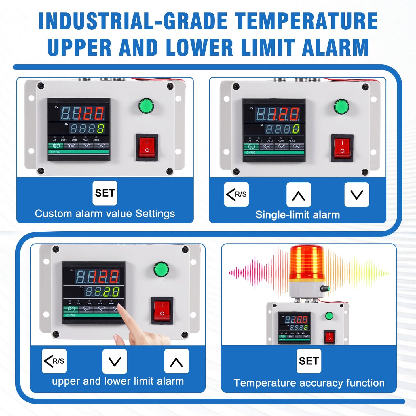 JIAWANSHUN High Precision Industrial Temperature Alarm, -326.2°F-1202°F ±0.18°F, Dual Limit Alarm with Self-Calibration, Audio Visual Alert for Hatchery, Greenhouse, Farm & Fish Pond