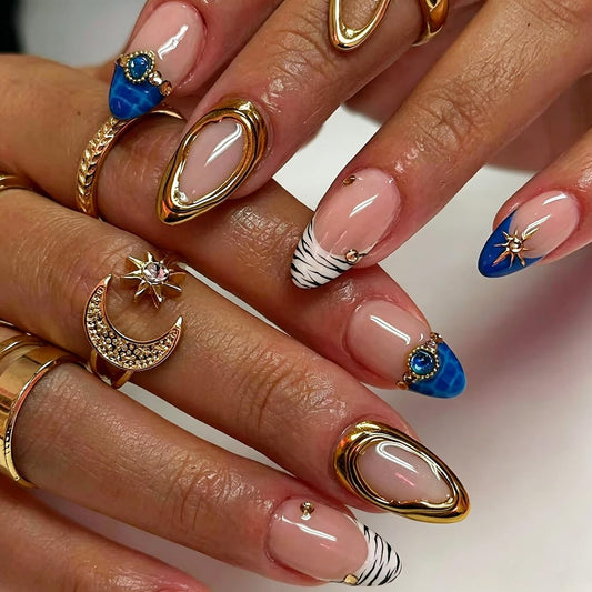 Medium Almond Press on Nails Blue French Tip Fake Nails with Gold Star Design Nude Pink Nails press ons Acrylic Glossy Stick on Nails for Women, Luxury Boho Style 30Pcs