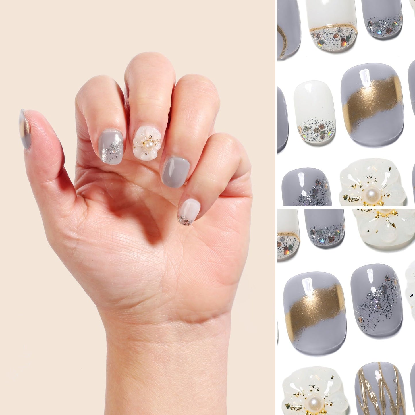 Sun&Beam Nails Handmade Press-on Short Square Round Flower Artistic Gold White Hand-drawn Design Fashionable False Nail Tips 10 Pcs Set (#166 S)