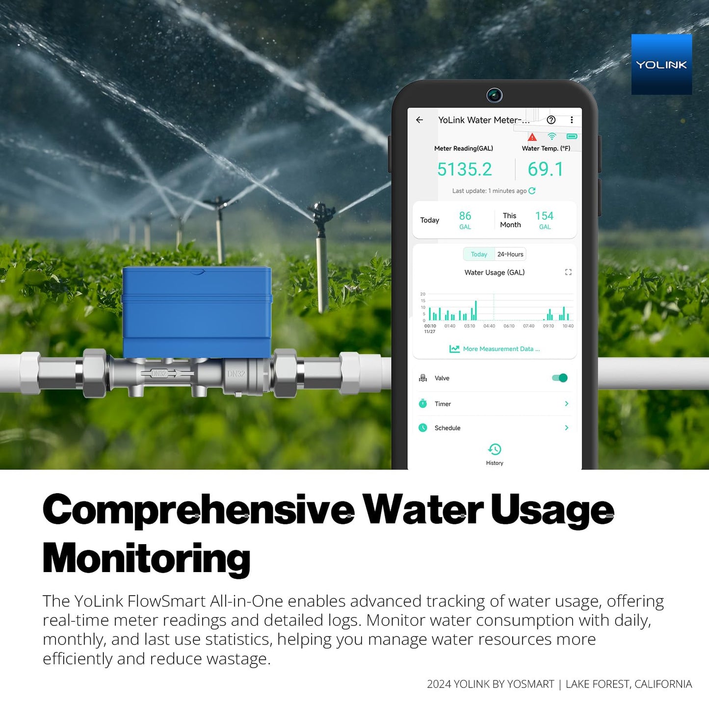 NSF Certified YoLink FlowSmart All-in-One Smart Water Meter & Auto Shutoff for 1" Pipes, LoRa Long-Range, Real-Time Leak Detection, 10-Year Battery, 80+ Device Ecosystem, Hub Included – YS5018