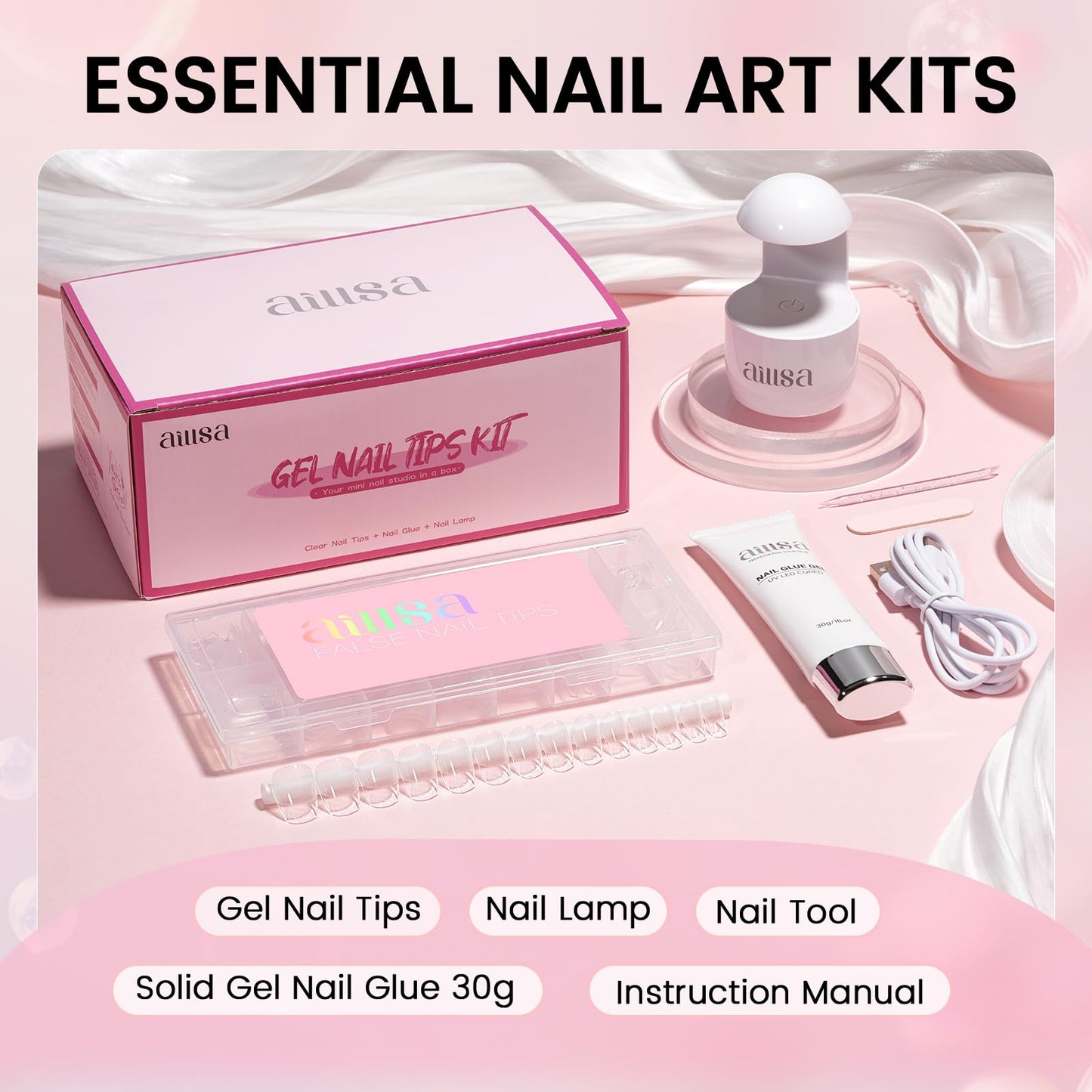 AILLSA Gel Nail Tips Kit Extra Short Coffin Nail Tips 120pcs, Gel Nail Glue 30g with Portable Nail Lamp