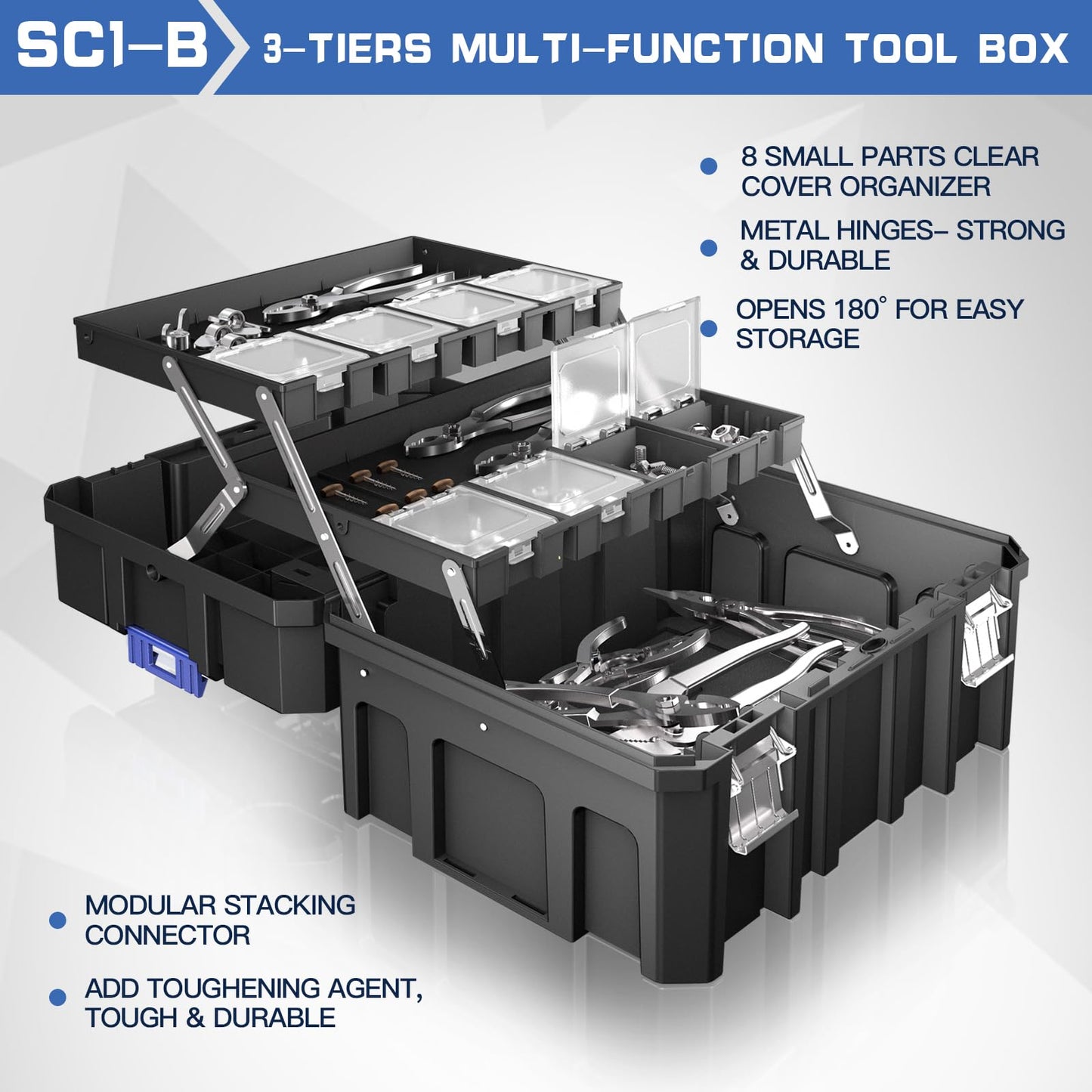 4 Tier Stackable Rolling Tool Box with Wheels | Modular Tool Organizer Box Storage System | Portable Tool Box with Drawers | Tough and Durable | for Garage Storage | Home Repairs | Professional Work