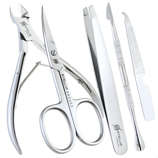 Stellar Shears 5-in-1 Cuticle Trimmer Set – Professional Cuticle Nipper, Scissors, Pusher, Tweezer & Nail File – Stainless Steel Manicure Pedicure Kit for Women, Salon & Home Nail Care (Silver)