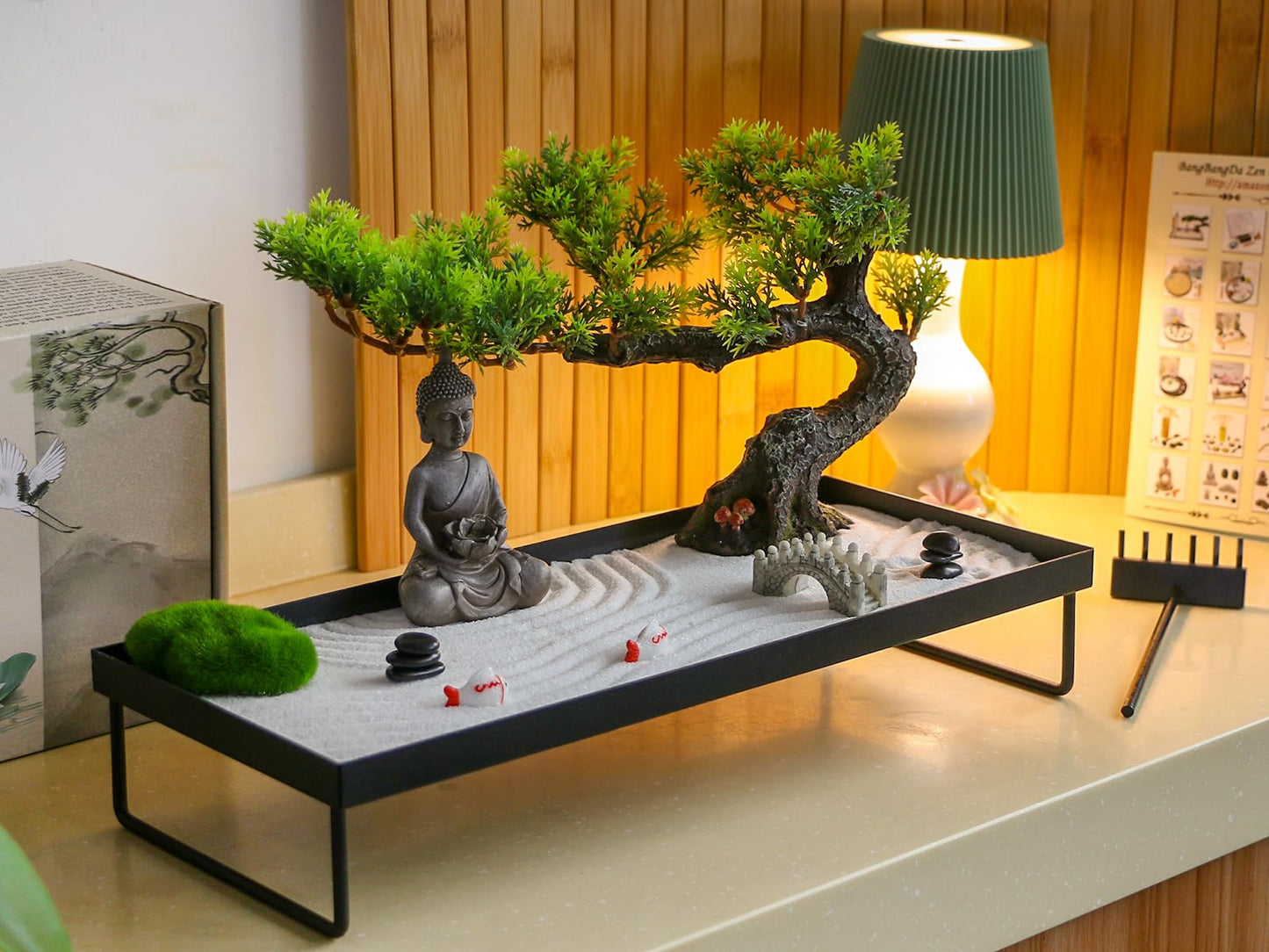 Zen Garden Kit for Desk - Pine Zen Dual Sand Garden(with 50pcs Wicks) Japanese Decor Zen Gift Set for Home, Office Desktop 11x8in Sand Tray Therapy Kit Zen Meditation Accessories