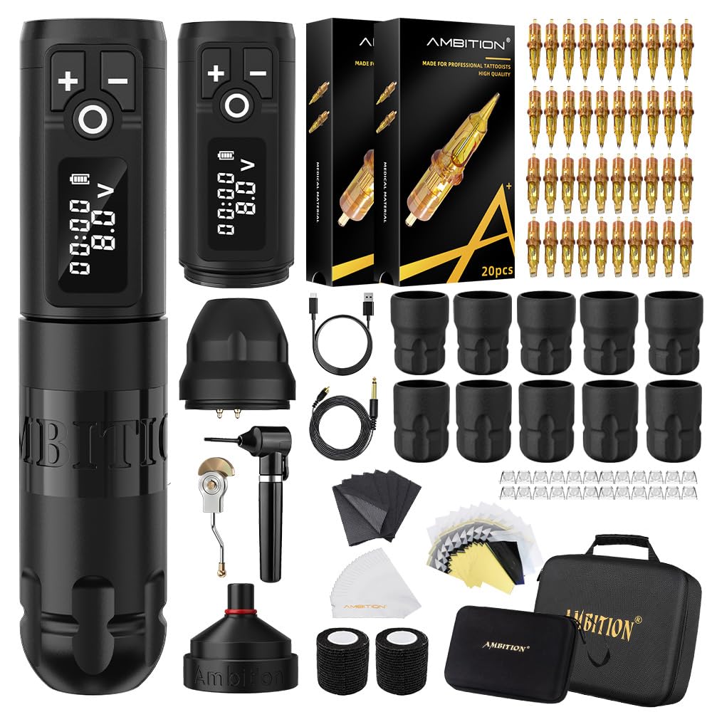 Ambition Soldier Tattoo Kit -Wireless Tattoo Machine Kit Complete with Extra 2400mAh Power 40pcs Cartridge Needles Bandage Gloves Ink Mixer Ink Cup Disposable Handle for Professional Tattoo Artists