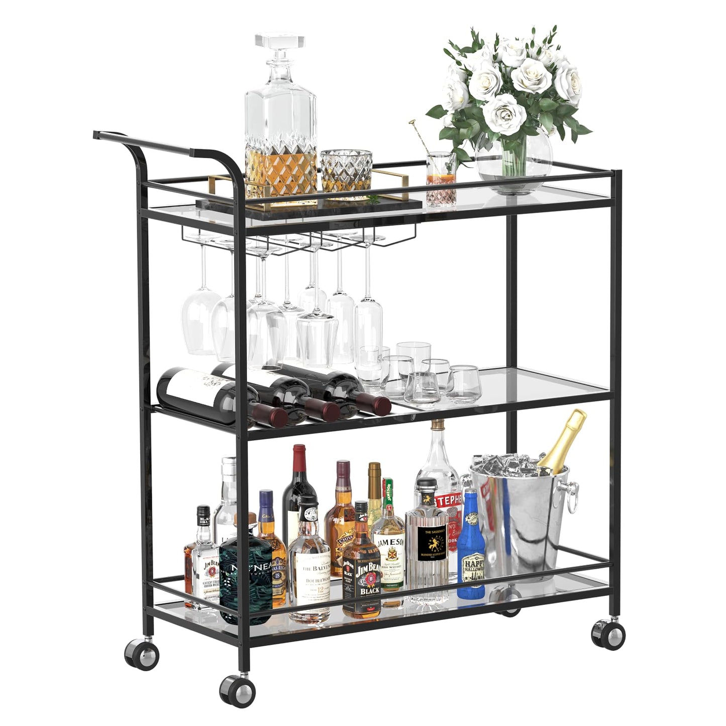 Alihdrna Black Bar Cart, Home Bar Serving Cart with Handle, Wine Cart with 3-Tier Glass Shelves, Beverage Cart with Wine Rack and Glass Holder, Bar Carts for The Home, Dining Room, Living Room