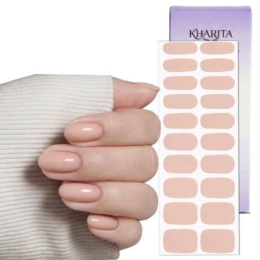 KHARITA Semi Cured Gel Nail Strips – Real Gel Nail Polish UV Wraps | Long Lasting Easy Peel-Off Removal | Hema-Free | 20-Piece Solid Nude Pink Salon Sticker Kit with File & Stick