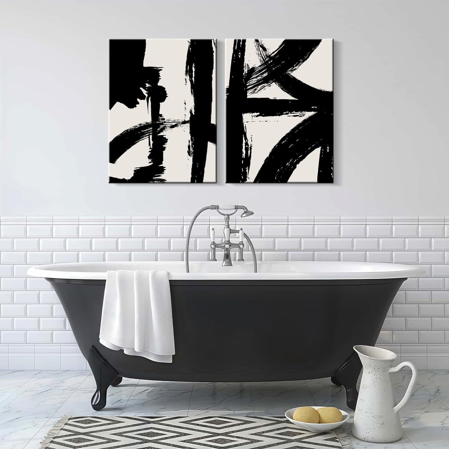 2Pcs Framed Abstract Black and White Canvas Wall Art Minimalist Brushstroke Line Prints Modern Home Gallery Style Painting Posters Picture Bedroom Living Room Office 16x24 Inch Ready to Hang