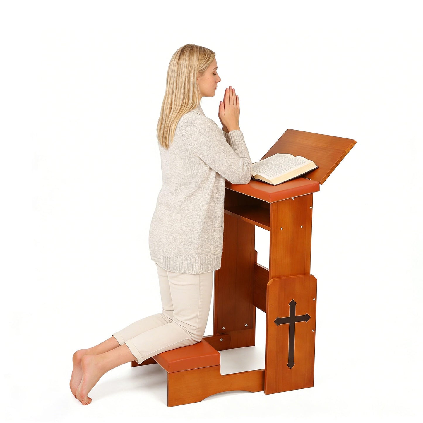 JoyPcsTable Prayer Kneeler Bench with Book Rest, Adjustable Height Foldable Kneeling Bench with Thick Padding, Portable Prayer Stool for Home, Church and Meditation
