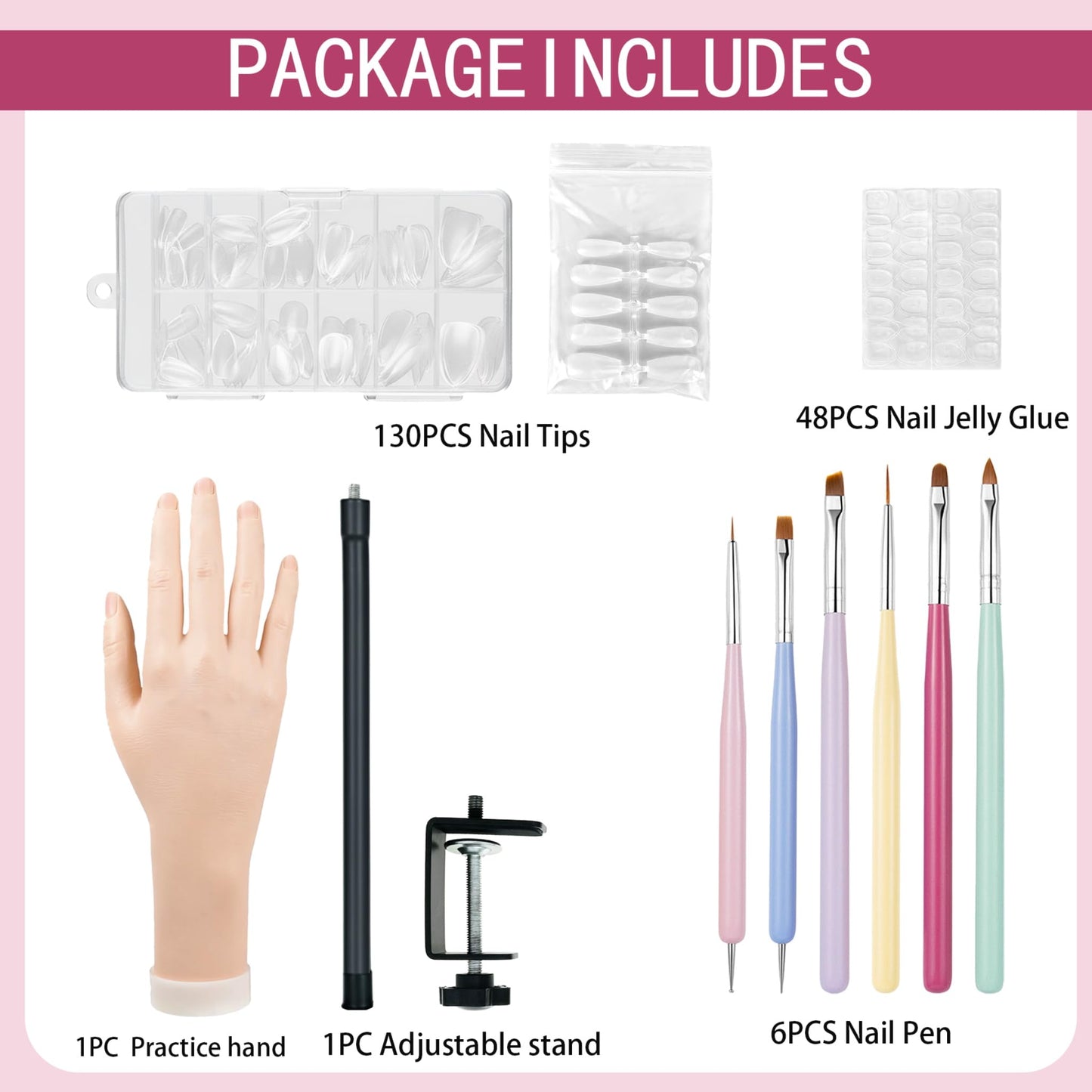 Practice Hand for Acrylic Nails,Flexible Nail Practice Hand Kit with Clamp Stand,140 Nail Tips, Nail Glue, 6pcs Nail Art Brushes - Complete Manicure Training Tool for Beginners & Professionals