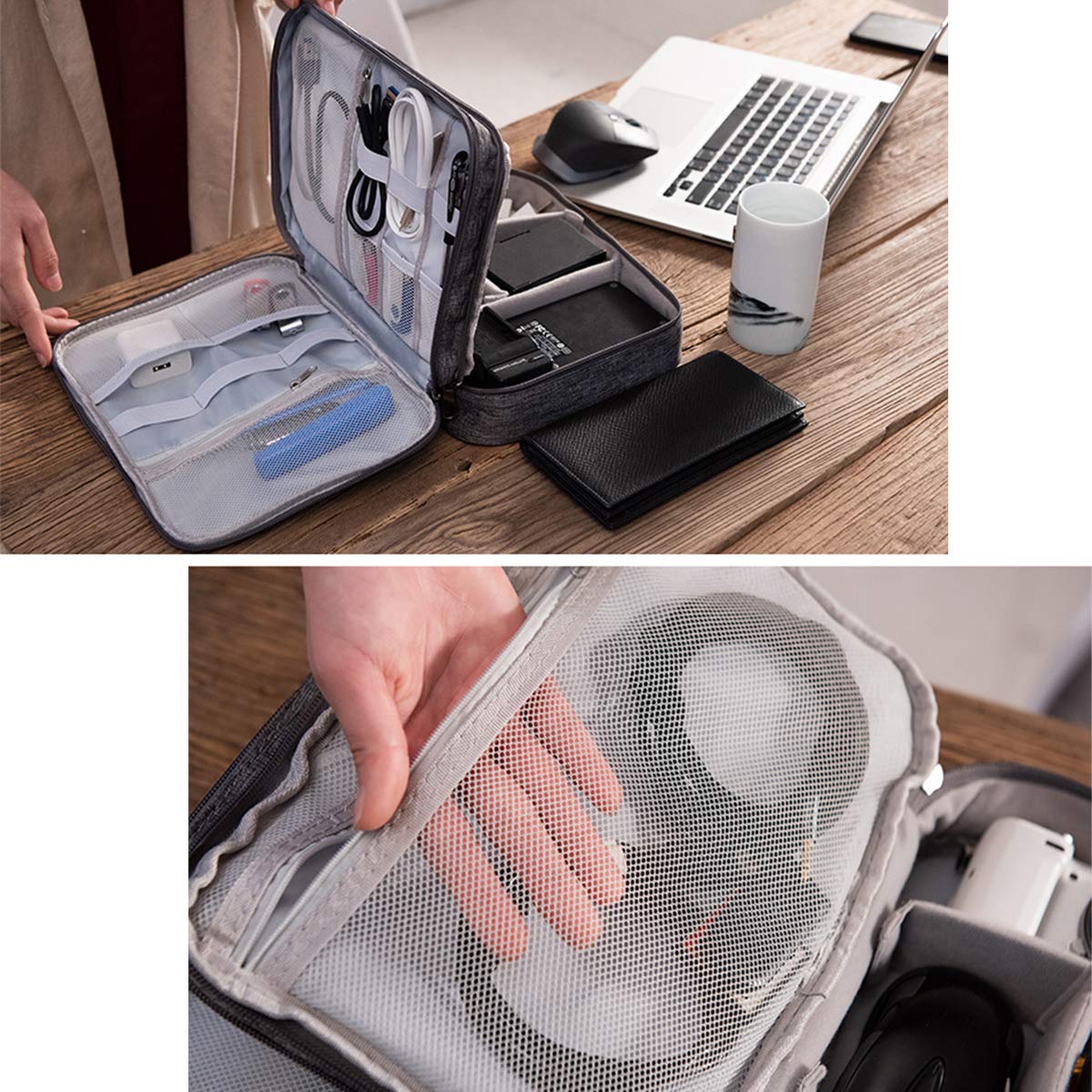 OrgaWise Electronics Organizer, Electronic Accessories Bag Travel Cable Organizer Three-Layer for iPad Mini, Kindle, Hard Drives, Cables, Chargers (Three-Layer-Grey)