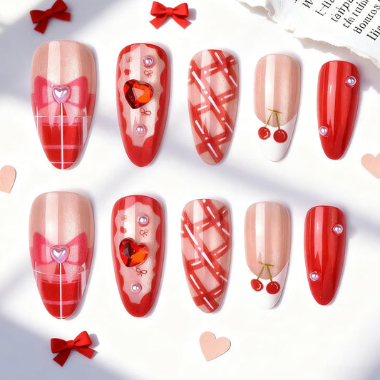 30pcs Valentines Press on Nails Medium Almond French Tip Fake Nails Red Stripe Full Cover False Nails with 3d Heart Rhinestones Designs Glue on Nails Pink Bow Artificial Stick on Nail Supply for Women