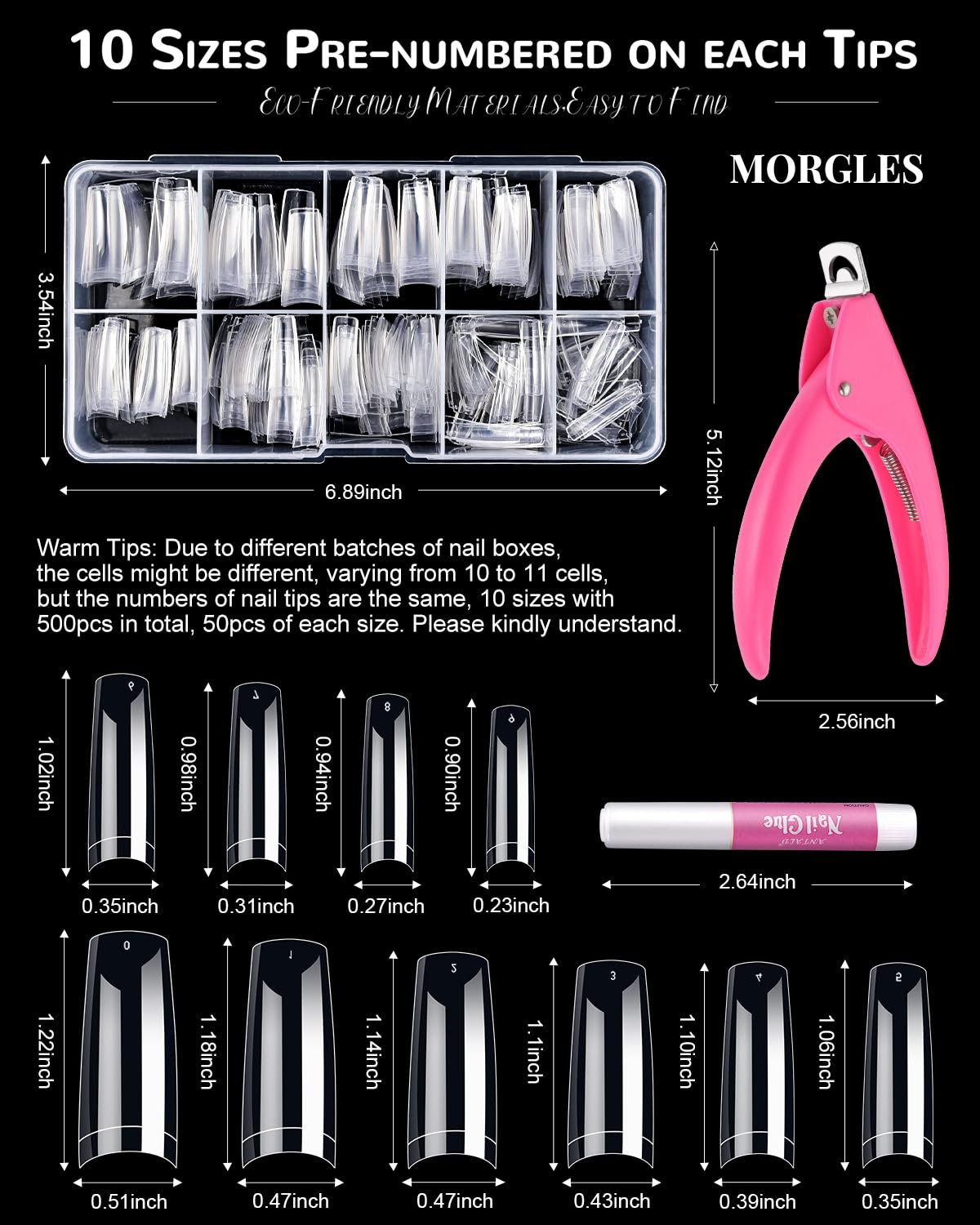 MORGLES Clear Acrylic Nail Tips, 500 Pcs French Nail Tips Square Half Cover with Glue, Clipper, Files and Cuticle Fork for Salons and Home DIY