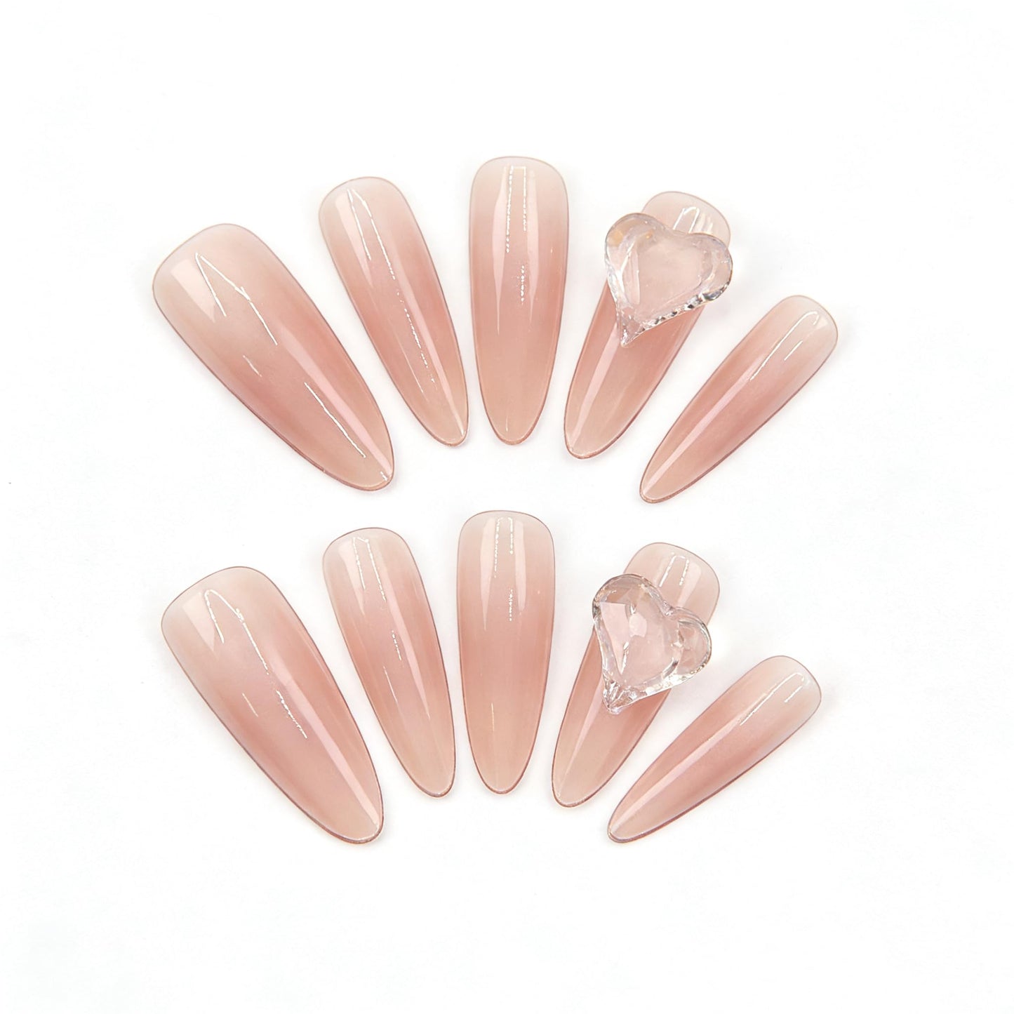 C.Z.Z.T.T.NAILS Press On Nails with 3d Heart Diamonds - Nude Pink Fake Nails,Long Almond-Shaped False Nails,Perfect Fake Nails for Women, 30pcs with Jelly Glue