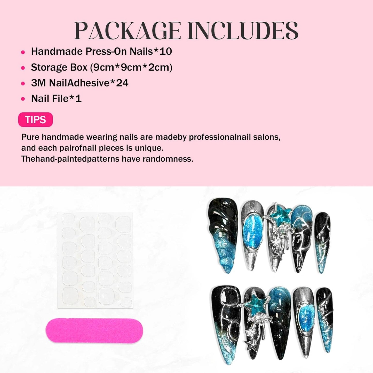 Handmade 3D Dark Sci-Fi Ocean Star Stiletto Press On Nails, Blue Black Gradient Rhinestone Artisan Nails Set, Reusable Glossy Press-ons with Tool Kit(S)