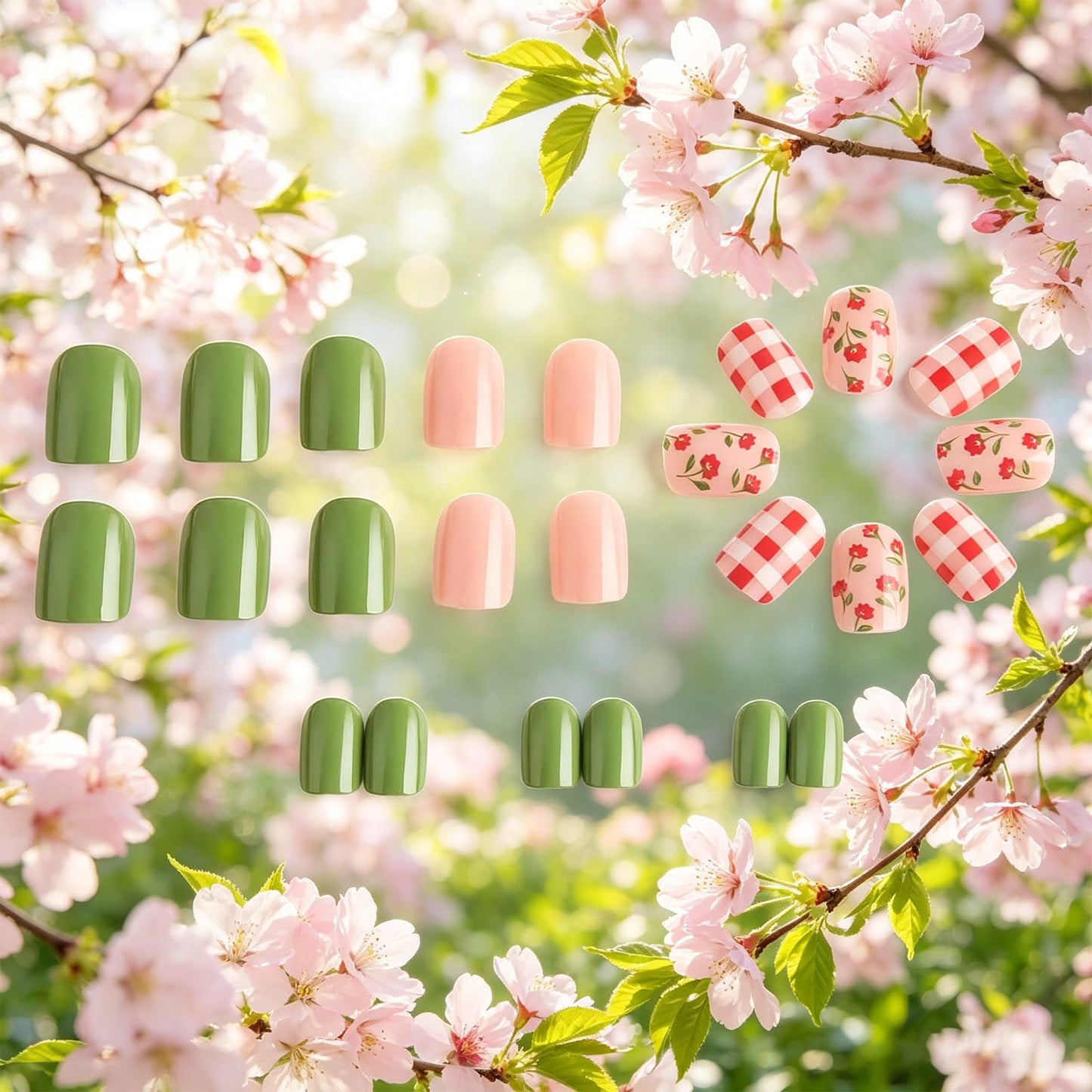 Gingham Short Square Press on Nails with Picnic Design Glossy Red Fake Nail Flower False Nails Floral Glue on Artificial Fingernails Plaid Full Cover Stick on Nail for Women Daily Wear