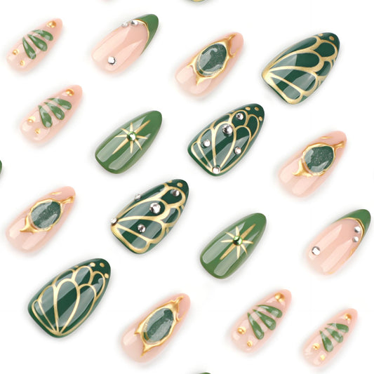 LBPEPAMZ 24Pcs Green Press on Nails Medium Almond Fake Nails with 3D Rhinestones Design Gold Butterfly Star Full Cover False Nails Gilded French Tips Full Cover Glossy Glue on Nails for Women Decor