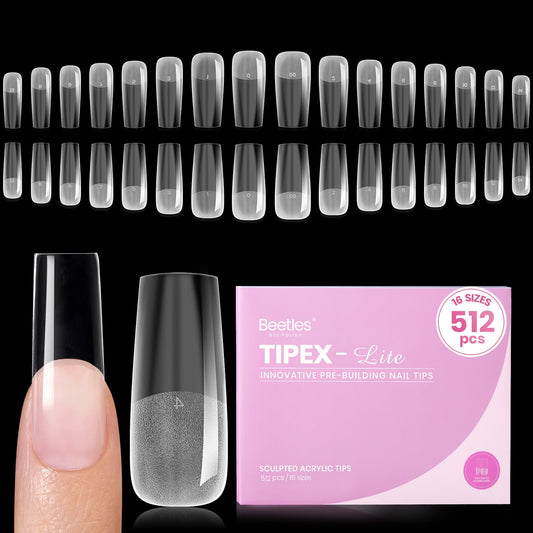 Beetles Tipex Lite Apex Nail Tips, Square Long, 512pcs 16 Sizes,Pre-Building Pre-Etched Acrylic Nail Tips for Flat Nails & Natural Nail Beds