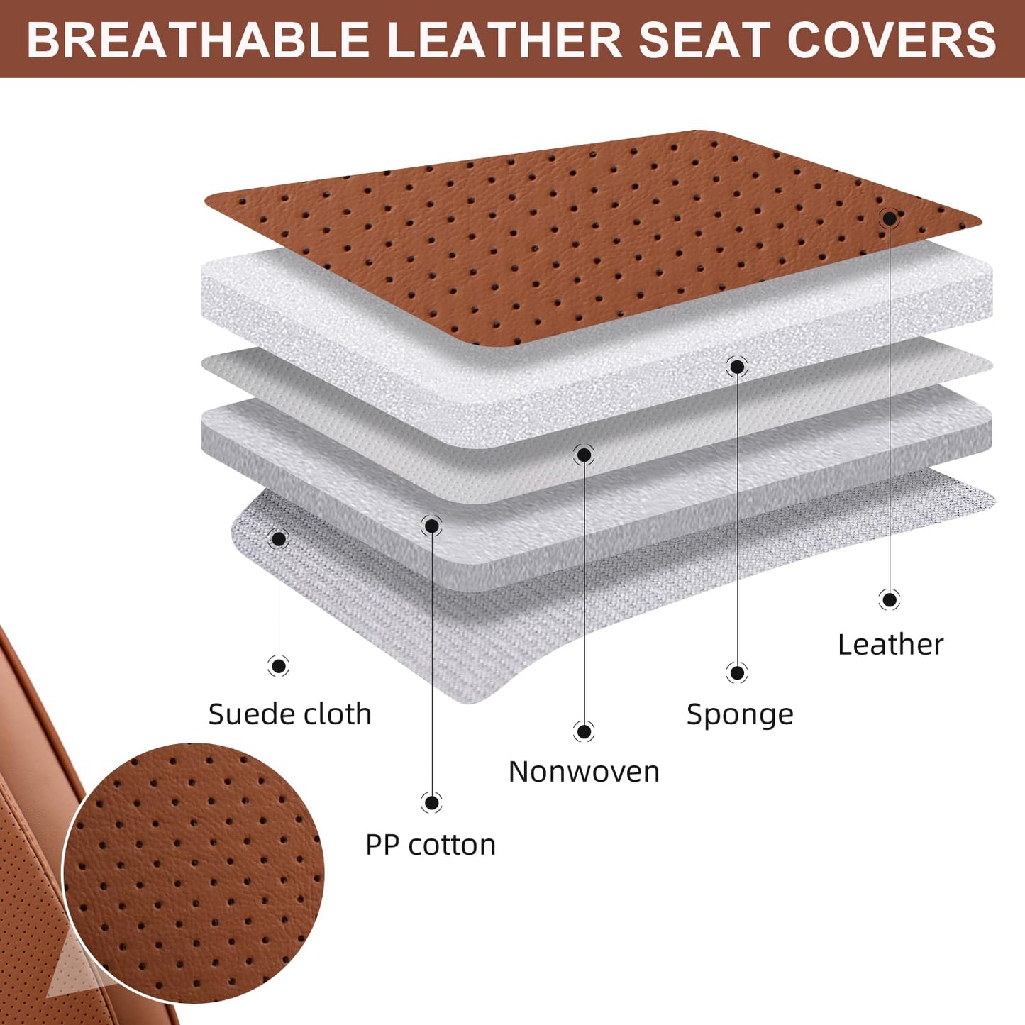 TINRAIYANG Car Seat Covers Full Set, Breathable Leather Automotive Front and Rear Seat Covers & Headrest, Universal Automotive Vehicle Seat Cover for Most Sedan SUV Pick-up Trucks, Brown