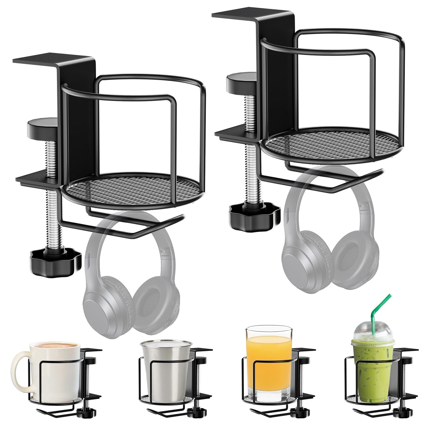 2-in-1 Desk Cup Holder with Headphone Hanger,Anti-Spill Table Water Bottle Holder,Clamp On Table Metal Drinking Holder,Compatible with Universal Cups/Bottles/Mugs/Cans/Tumblers/Thermoses/Glass,2Pack