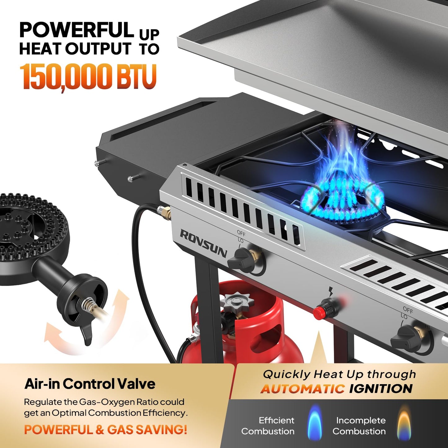 ROVSUN 2 Burner Outdoor Propane Gas Stove with Griddle, Auto-ignition, Regulator & Side Shelves, 150,000 BTU Powerful Stand Cooker for Backyard Cooking Home Brewing Canning Frying Grilling