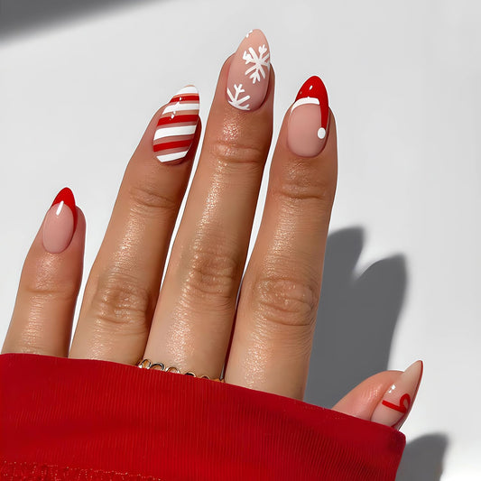 Medium Christmas Press on Nails Almond Shape Fake Nails Red Christmas Hat False Nails French Tip Designs Acrylic Glue on Nail Glossy Full Cover Snowflake Bow Stick on Nails for Women Nail Art 24Pcs