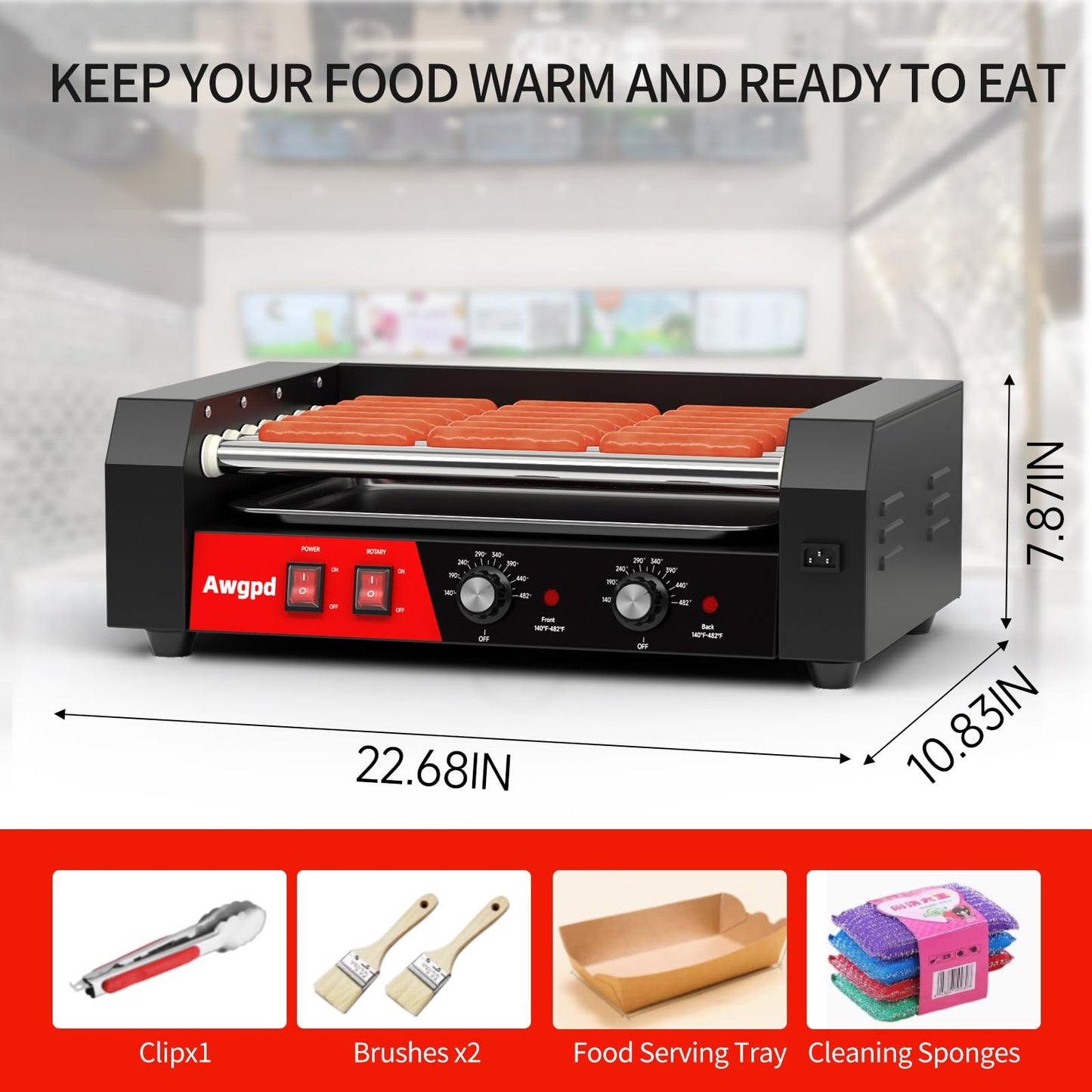 Awgpd Hot Dog Roller 5 Rollers 12 Hot Dogs Capacity, 750W Stainless Sausage Grill Cooker Machine with Dual Temp Control,Removable Drip Tray for Party Home Commercial (5 Roller)