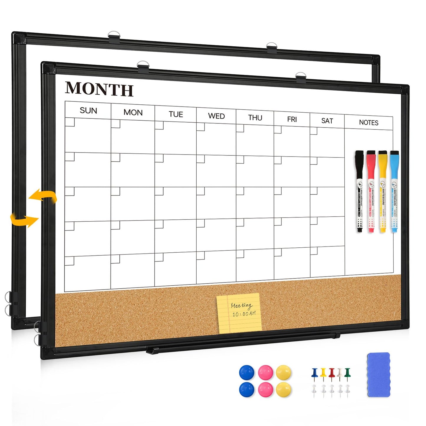 QUEENLINK Dry Erase Calendar Board for Wall, 24"x18" Magnetic Whiteboard Calendar Double-Sided Monthly White Board with Cork Board, Black Aluminum Frame Memo Message Board for Office, Home, School