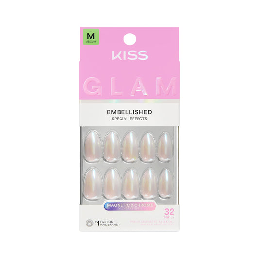 Kiss Glam, Press On Nails, Nail glue included, 'Dive', Pink, Medium Size, Almond Shape, Includes 32 Nails, 2g Glue, 1 Manicure Stick, 1 Mini File
