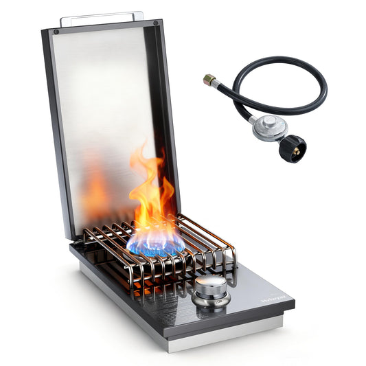 Built-in Single Side Grill Burner with Cover, Black 304 Stainless Steel Side Burner for Outdoor Kitchen, Propane & Natural Gas, Outdoor BBQ for Family Patio Parties