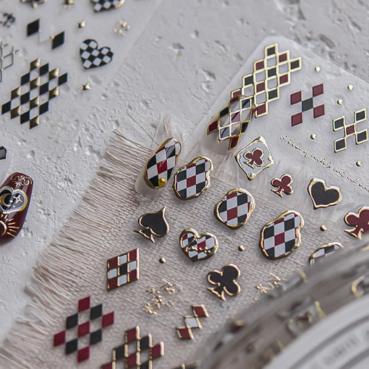 Red Black Nail Art Stickers Decals Poker Nail Stickers with Gold Design Lined Pattern Heart Nails Art Charms Self-Adhesive Star Moon Nails Supplies for Women Girls Manicure Decoration
