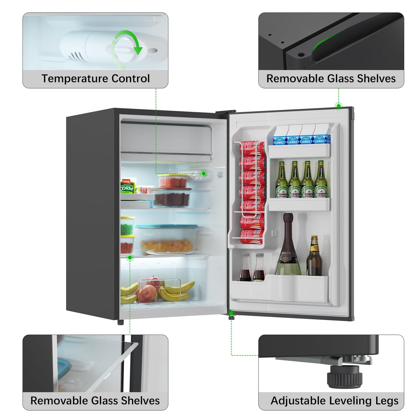 GAOMON 4.3 Cu.Ft Mini Fridge with Freezer, Single Door Mini Fridge, 7 Settings Temperature Adjustable, Mini Refrigerator for Apartment Bedroom, Office, Dorm, Black