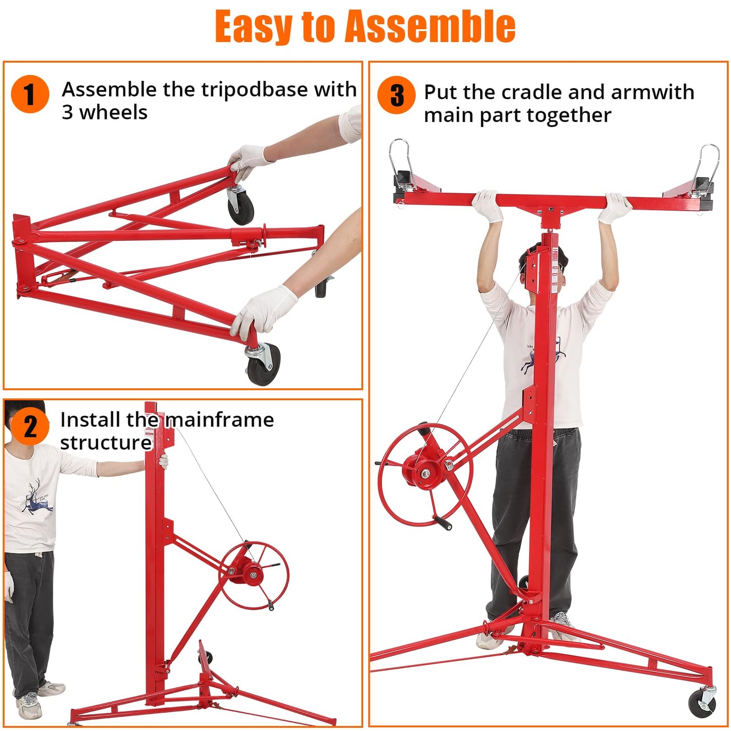 Garvee Drywall Lift 16 ft, Drywall Jack Lift for Ceiling, Adjustable Panel Hoist, 150 LBS Heavy Duty Drywall Lifter, 3 Lockable Wheels Foldable Sheetrock Lift for Home Improvement, Red