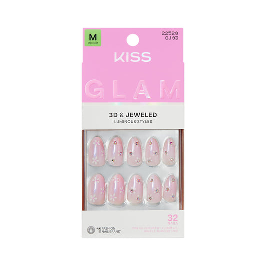 Kiss Glam, Press On Nails, Nail glue included, 'Breeze of Bliss', White, Medium Size, Almond Shape, Includes 32 Nails, 2g Glue, 1 Manicure Stick, 1 Mini File