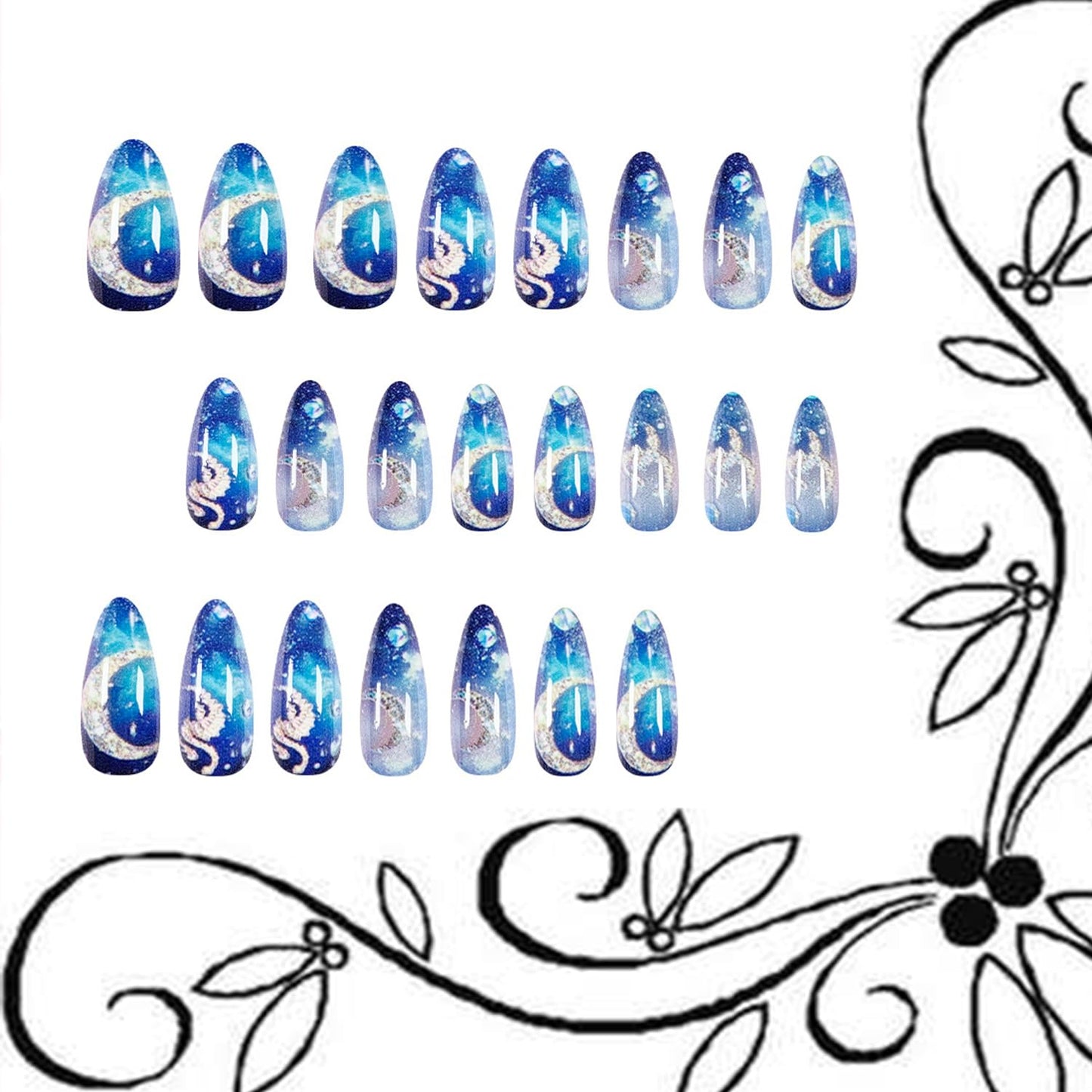 24Pcs Dark Blue Starry Sky Press on Nails Medium Almond Shaped Moon Planet Pattern Design Handmade False Nails Full Cover Glossy Acrylic Atrificial Fingernails Blue Smudge DIY Stick on Nails for Women