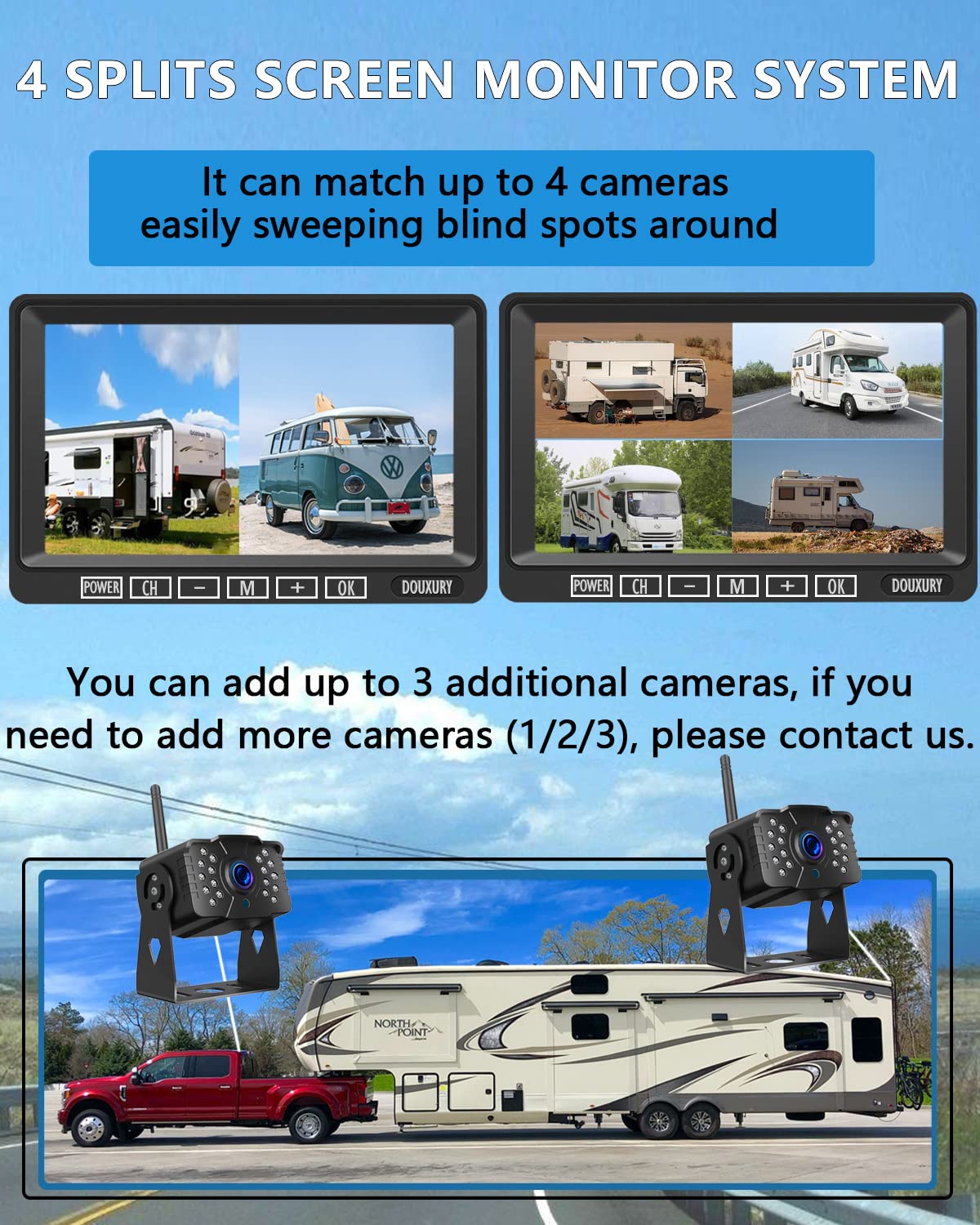 RV Backup Camera Wireless DOUXURY IP69 Waterproof 170° Wide View Angle HD 1080P Rear View Camera + HD LCD 7" Monitor, Digital Wireless Camera System for RV Truck 5th Wheel Trailer Pickup Camper Bus