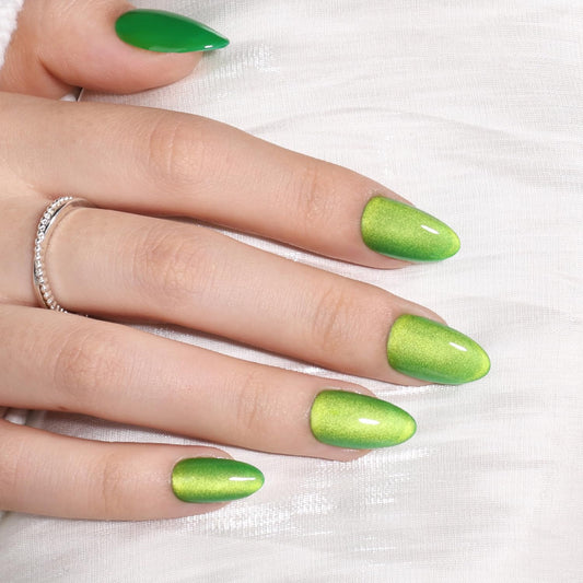 Leefrei Green Cat Eye Press On Nails - Glossy Short Almond Press on Nails Shamrock Nails Press Ons for Women DIY Fake Nails Kit with Glue, Reusable Glue on Nails Short in 16 Sizes - 32pcs, Jade Green