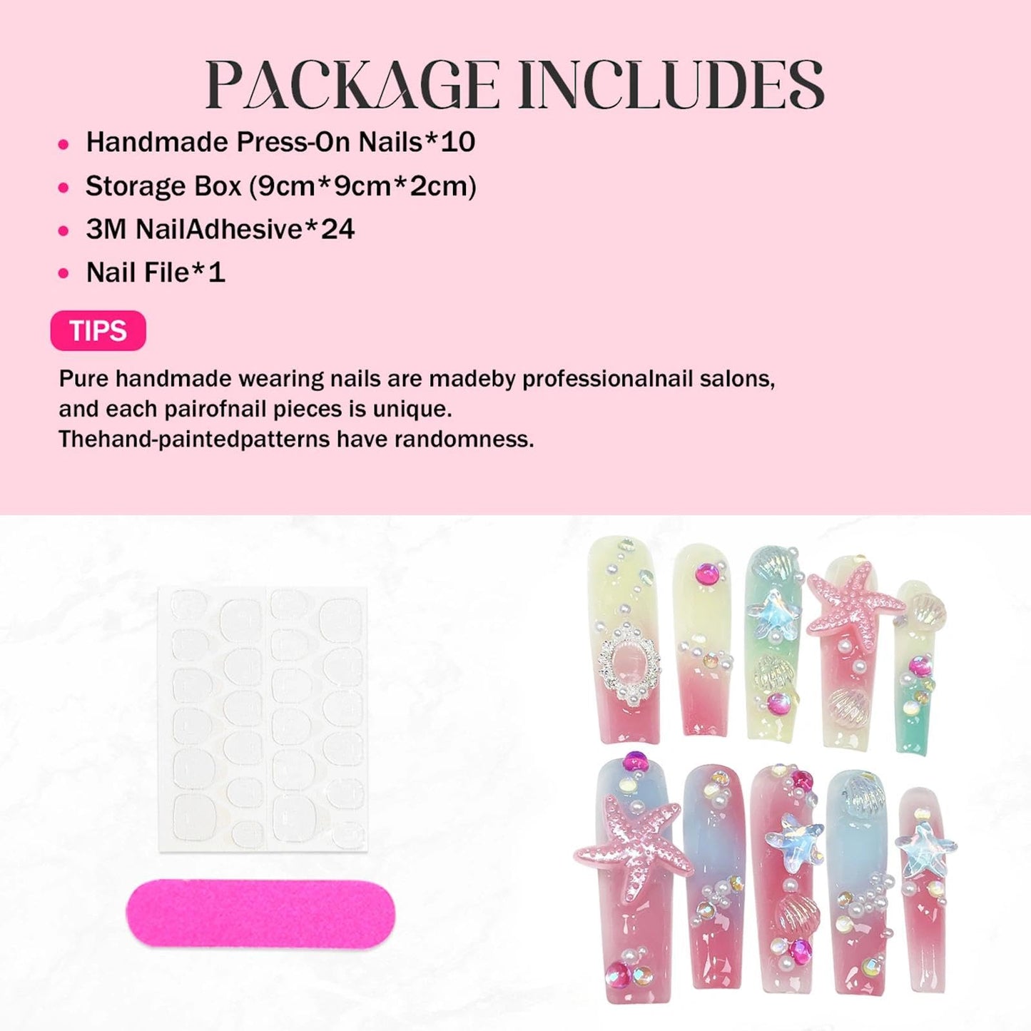 Handmade 3D Ocean Style Starfish Shell Stiletto Press On Nails, Sweet Element Gradient Artisan Nails Set, Reusable Glossy Press-ons with Tool Kit(S)