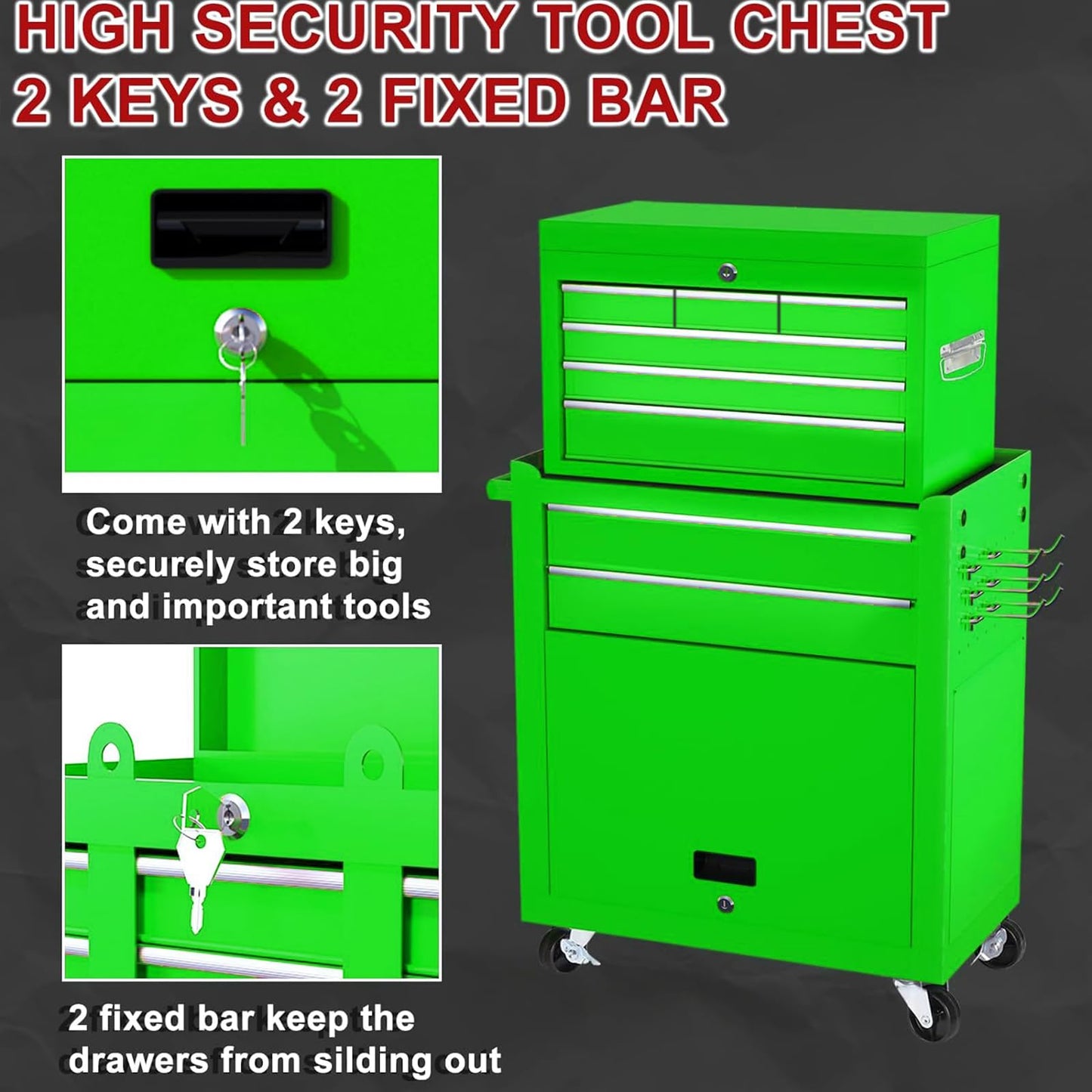 Dawmilon Tool Chest, 8-Drawer Rolling Tool Storage Cabinet with Wheels, Detachable Top Tool Box, and Locking Mechanism, Metal Tool Cart with Liner and 6 Hooks for Garage, Workshop, Green
