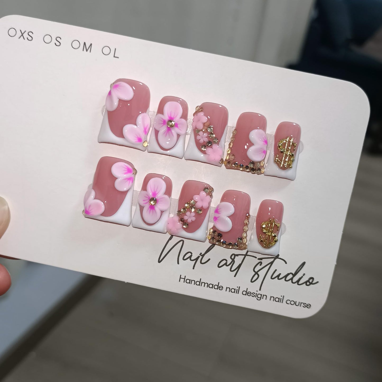 TENPAL Duckbill Press on Nails - White Pink 3D Floral French Tip Fake Nails with Rhinestones | Icy Glossy False Nails with Tools| Handmade Soft Gel Y2K Duck Nails(M)